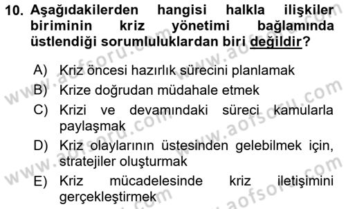 Halkla İlişkiler Yönetimi Dersi 2020 - 2021 Yılı Yaz Okulu Sınav Soruları 10. Soru