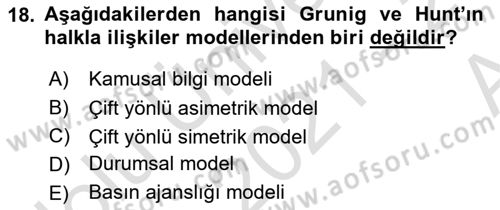 Halkla İlişkiler Yönetimi Dersi 2021 - 2022 Yılı (Vize) Ara Sınav Soruları 18. Soru