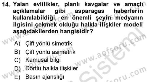 Halkla İlişkiler Yönetimi Dersi 2021 - 2022 Yılı Yaz Okulu Sınav Soruları 14. Soru