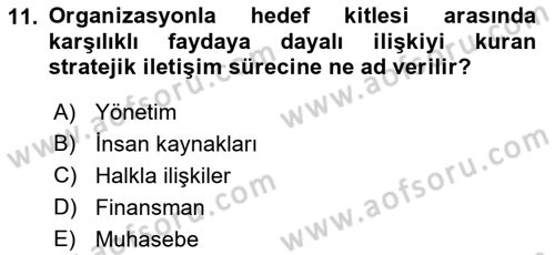 Halkla İlişkiler Yönetimi Dersi 2023 - 2024 Yılı (Vize) Ara Sınav Soruları 11. Soru