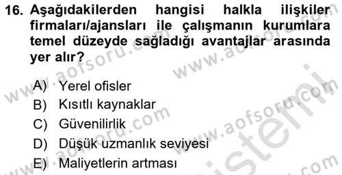 Halkla İlişkiler Yönetimi Dersi Ara Sınavı Deneme Sınav Soruları 16. Soru