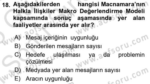 Halkla İlişkiler Yönetimi Dersi 2024 - 2025 Yılı (Final) Dönem Sonu Sınav Soruları 18. Soru