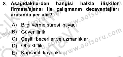 Halkla İlişkiler Yönetimi Dersi 2024 - 2025 Yılı Yaz Okulu Sınav Soruları 8. Soru
