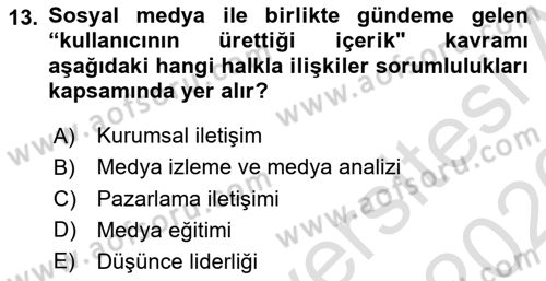 Halkla İlişkiler Yönetimi Dersi 2025 - 2026 Yılı (Vize) Ara Sınav Soruları 13. Soru