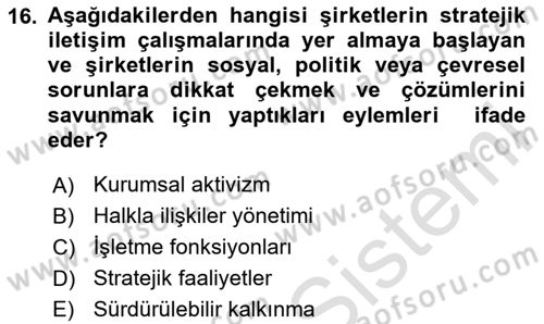 Halkla İlişkiler Yönetimi Dersi 2025 - 2026 Yılı (Vize) Ara Sınav Soruları 16. Soru