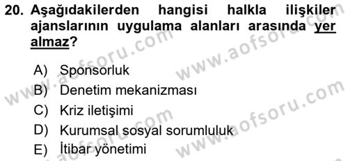 Halkla İlişkiler Yönetimi Dersi 2025 - 2026 Yılı (Vize) Ara Sınav Soruları 20. Soru
