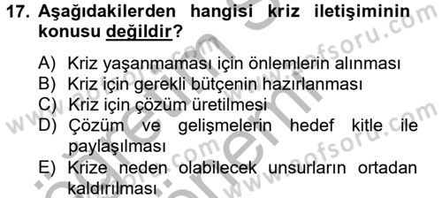 Halkla İlişkiler Yazarlığı Dersi 2014 - 2015 Yılı (Final) Dönem Sonu Sınav Soruları 17. Soru