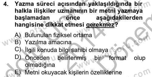 Halkla İlişkiler Yazarlığı Dersi 2014 - 2015 Yılı (Final) Dönem Sonu Sınav Soruları 4. Soru