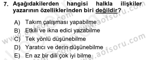 Halkla İlişkiler Yazarlığı Dersi 2015 - 2016 Yılı (Vize) Ara Sınav Soruları 7. Soru