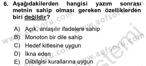 Halkla İlişkiler Yazarlığı Dersi 2015 - 2016 Yılı (Final) Dönem Sonu Sınav Soruları 6. Soru
