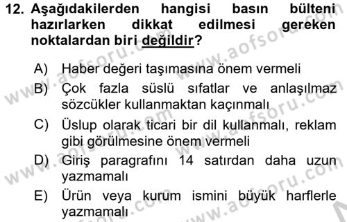 Halkla İlişkiler Yazarlığı Dersi 2016 - 2017 Yılı 3 Ders Sınav Soruları 12. Soru