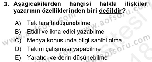 Halkla İlişkiler Yazarlığı Dersi 2017 - 2018 Yılı (Final) Dönem Sonu Sınav Soruları 3. Soru