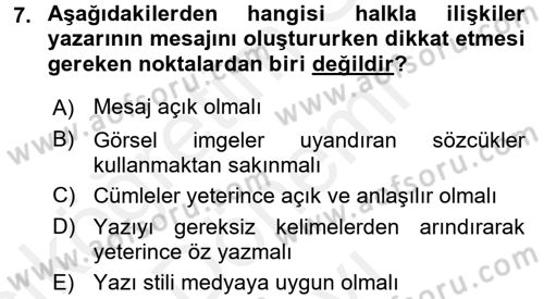 Halkla İlişkiler Yazarlığı Dersi 2017 - 2018 Yılı (Final) Dönem Sonu Sınav Soruları 7. Soru