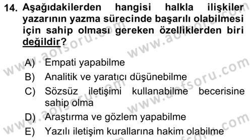 Halkla İlişkiler Yazarlığı Dersi 2018 - 2019 Yılı (Vize) Ara Sınav Soruları 14. Soru