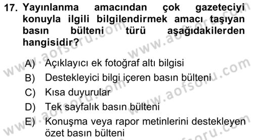 Halkla İlişkiler Yazarlığı Dersi 2018 - 2019 Yılı (Vize) Ara Sınav Soruları 17. Soru