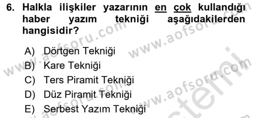 Halkla İlişkiler Yazarlığı Dersi 2020 - 2021 Yılı Yaz Okulu Sınavı 6. Soru