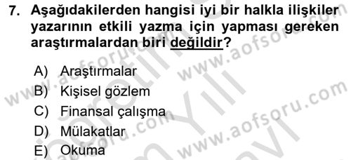 Halkla İlişkiler Yazarlığı Dersi 2021 - 2022 Yılı (Vize) Ara Sınav Soruları 7. Soru