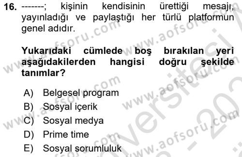 Halkla İlişkiler Yazarlığı Dersi 2023 - 2024 Yılı (Vize) Ara Sınavı 16. Soru