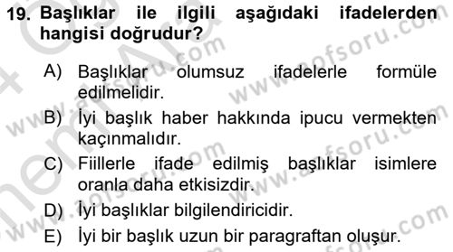 Halkla İlişkiler Yazarlığı Dersi 2023 - 2024 Yılı (Vize) Ara Sınavı 19. Soru