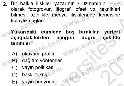 Halkla İlişkiler Yazarlığı Dersi 2023 - 2024 Yılı (Vize) Ara Sınavı 2. Soru