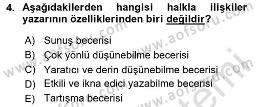 Halkla İlişkiler Yazarlığı Dersi 2023 - 2024 Yılı (Vize) Ara Sınavı 4. Soru