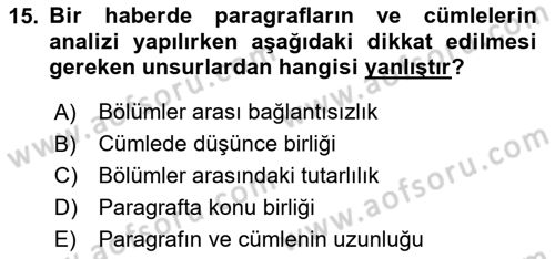 Halkla İlişkiler Yazarlığı Dersi 2024 - 2025 Yılı (Vize) Ara Sınav Soruları 15. Soru