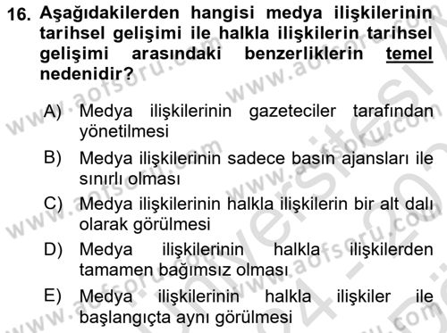 Halkla İlişkiler Yazarlığı Dersi 2024 - 2025 Yılı (Vize) Ara Sınav Soruları 16. Soru