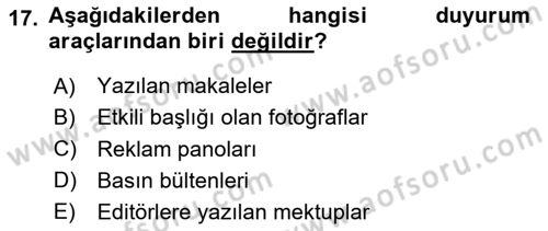 Halkla İlişkiler Yazarlığı Dersi 2024 - 2025 Yılı (Vize) Ara Sınav Soruları 17. Soru