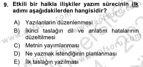 Halkla İlişkiler Yazarlığı Dersi 2024 - 2025 Yılı (Vize) Ara Sınav Soruları 9. Soru