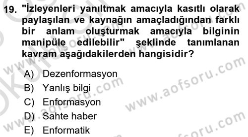 Halkla İlişkiler Yazarlığı Dersi 2024 - 2025 Yılı Yaz Okulu Sınav Soruları 19. Soru