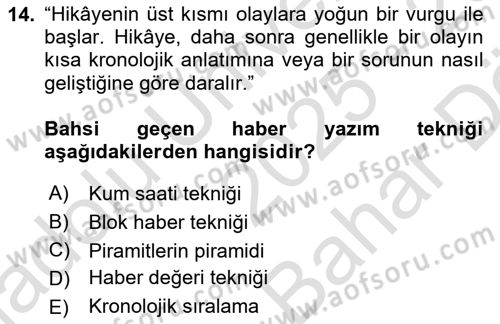 Halkla İlişkiler Yazarlığı Dersi 2025 - 2026 Yılı (Vize) Ara Sınav Soruları 14. Soru