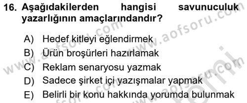 Halkla İlişkiler Yazarlığı Dersi 2025 - 2026 Yılı (Vize) Ara Sınav Soruları 16. Soru