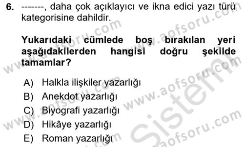Halkla İlişkiler Yazarlığı Dersi 2025 - 2026 Yılı (Vize) Ara Sınav Soruları 6. Soru