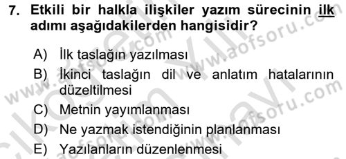 Halkla İlişkiler Yazarlığı Dersi 2025 - 2026 Yılı (Vize) Ara Sınav Soruları 7. Soru