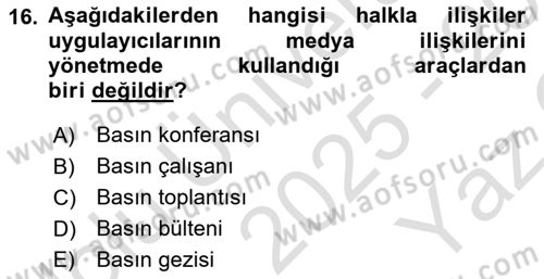 Halkla İlişkiler Yazarlığı Dersi 2025 - 2026 Yılı Yaz Okulu Sınav Soruları 16. Soru