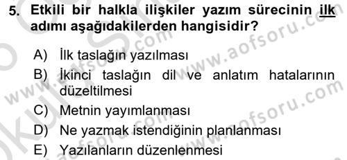 Halkla İlişkiler Yazarlığı Dersi 2025 - 2026 Yılı Yaz Okulu Sınav Soruları 5. Soru