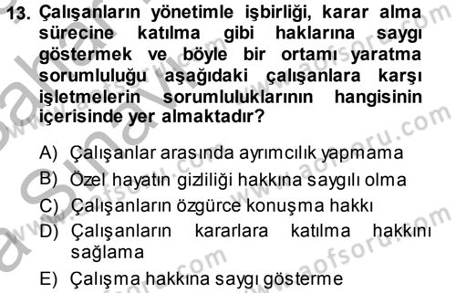Kurumsal Sosyal Sorumluluk Dersi 2013 - 2014 Yılı (Vize) Ara Sınav Soruları 13. Soru