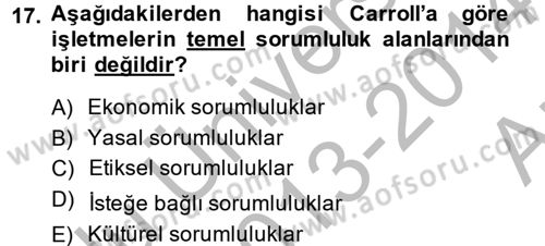 Kurumsal Sosyal Sorumluluk Dersi 2013 - 2014 Yılı (Vize) Ara Sınav Soruları 17. Soru