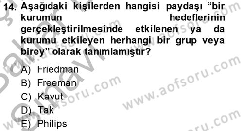 Kurumsal Sosyal Sorumluluk Dersi 2014 - 2015 Yılı (Vize) Ara Sınav Soruları 14. Soru