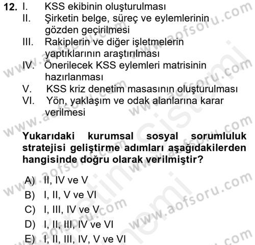 Kurumsal Sosyal Sorumluluk Dersi 2015 - 2016 Yılı (Vize) Ara Sınav Soruları 12. Soru