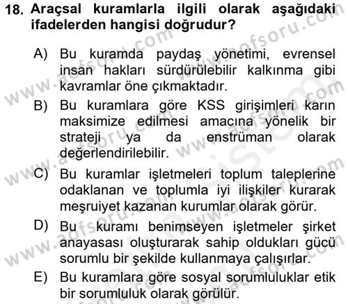 Kurumsal Sosyal Sorumluluk Dersi 2015 - 2016 Yılı (Vize) Ara Sınav Soruları 18. Soru