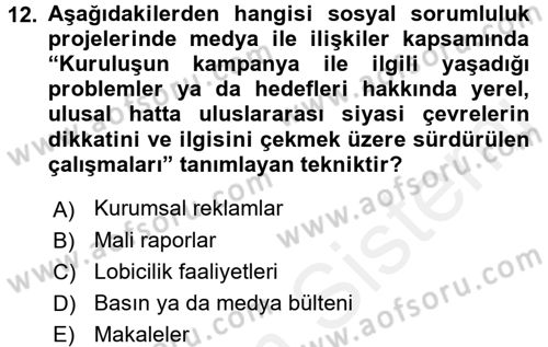 Kurumsal Sosyal Sorumluluk Dersi 2015 - 2016 Yılı Tek Ders Sınav Soruları 12. Soru
