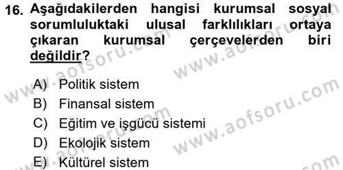 Kurumsal Sosyal Sorumluluk Dersi 2017 - 2018 Yılı (Vize) Ara Sınav Soruları 16. Soru