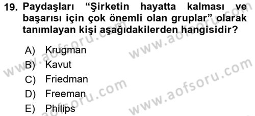 Kurumsal Sosyal Sorumluluk Dersi 2017 - 2018 Yılı (Vize) Ara Sınav Soruları 19. Soru