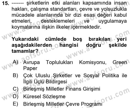 Kurumsal Sosyal Sorumluluk Dersi 2017 - 2018 Yılı (Final) Dönem Sonu Sınav Soruları 15. Soru
