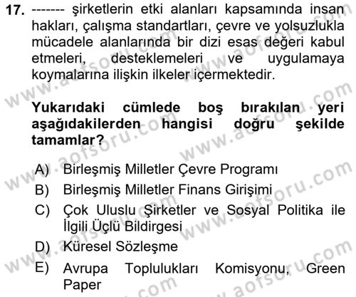 Kurumsal Sosyal Sorumluluk Dersi 2018 - 2019 Yılı 3 Ders Sınavı 17. Soru