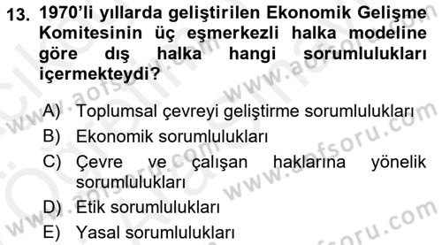 Kurumsal Sosyal Sorumluluk Dersi 2018 - 2019 Yılı (Vize) Ara Sınavı 13. Soru