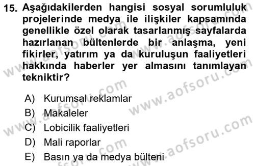 Kurumsal Sosyal Sorumluluk Dersi 2018 - 2019 Yılı Yaz Okulu Sınav Soruları 15. Soru