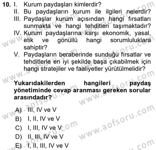 Kurumsal Sosyal Sorumluluk Dersi 2020 - 2021 Yılı Yaz Okulu Sınav Soruları 10. Soru