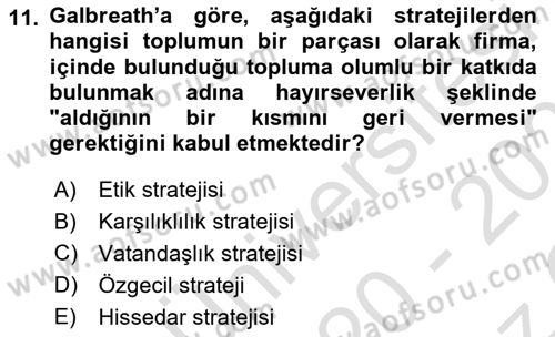 Kurumsal Sosyal Sorumluluk Dersi 2020 - 2021 Yılı Yaz Okulu Sınav Soruları 11. Soru